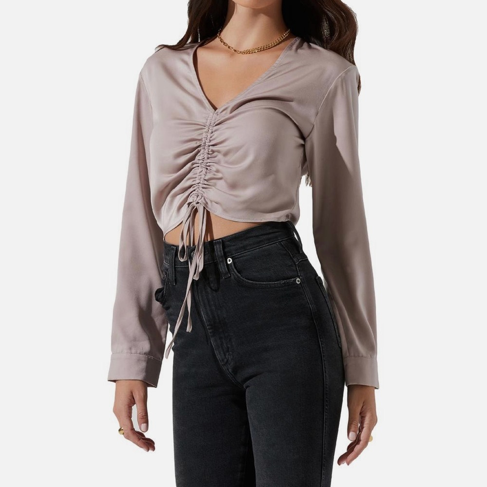ASTR the label Satin Ruched Cinched Front Long Sleeve Cropped V-Neck Blouse